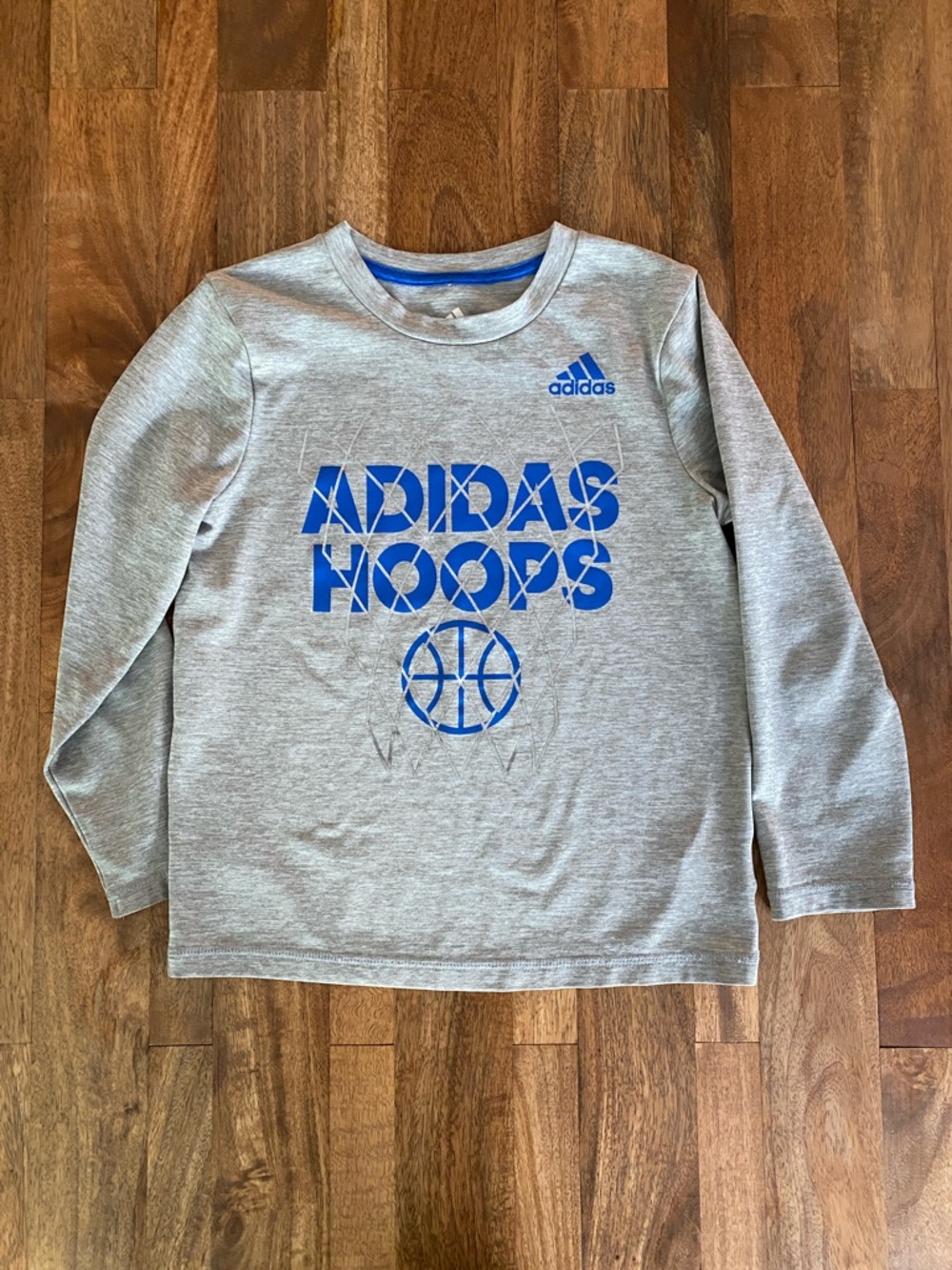 adidas Gray Long-Sleeve 'Adidas Hoops' Tee with Blue Logo